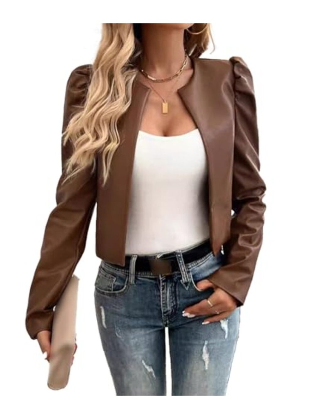 Faux Leather Cropped Puff Sleeve Blazer Open Front Work Office Womens